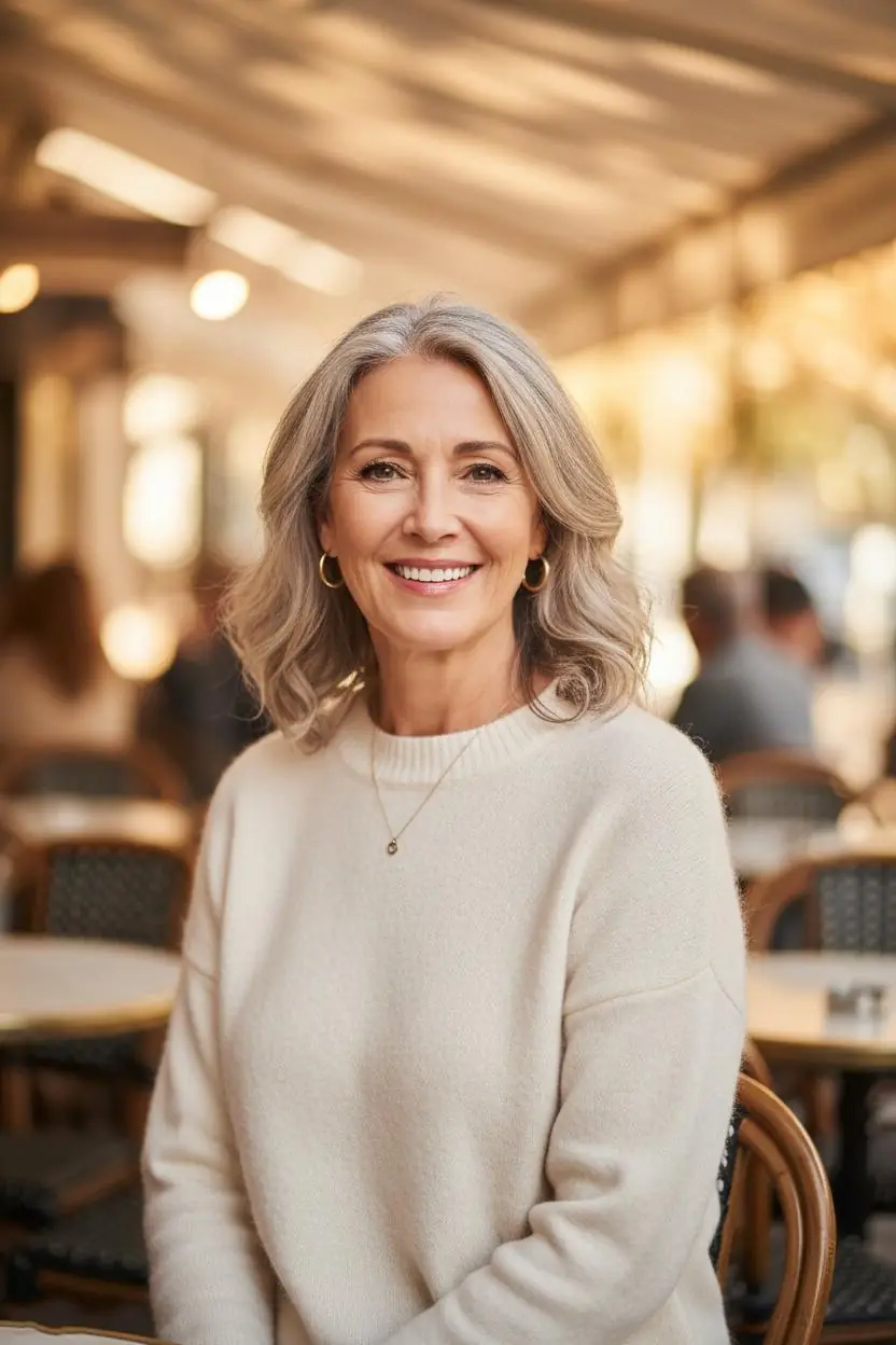 Confident mature woman with silver-streaked hair smiling warmly at an outdoor cafe