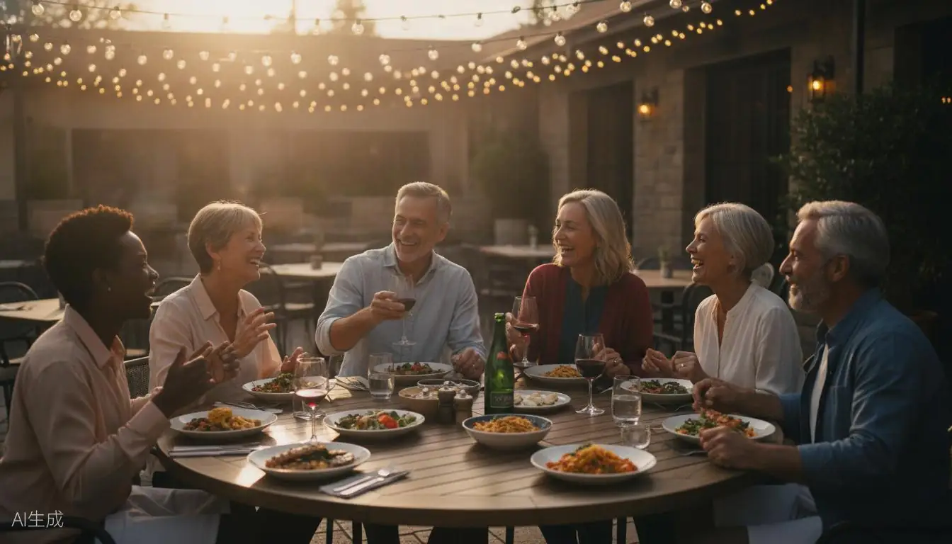 Group of mature friends enjoying dinner together at a restaurant patio