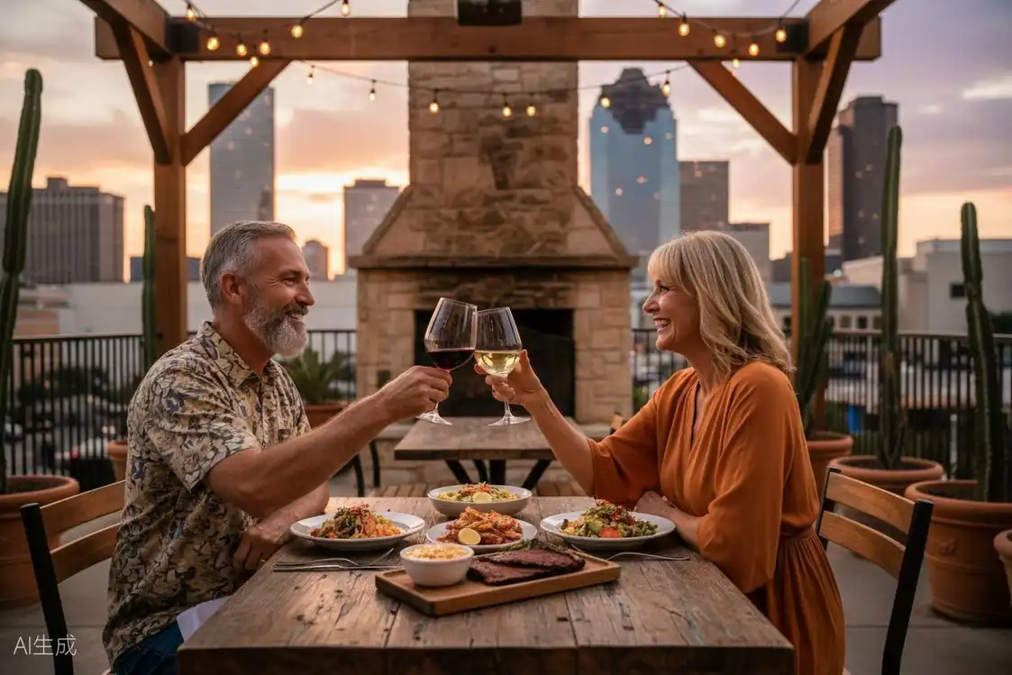 Mature couple enjoying an outdoor patio dinner in Houston with string lights