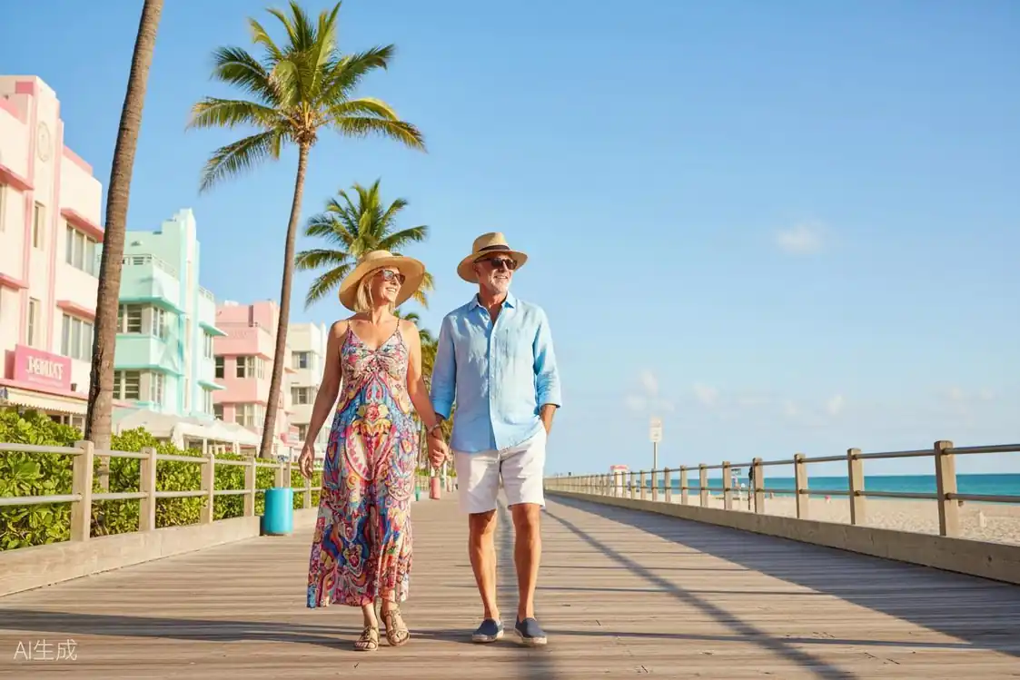 Mature couple walking along Miami's South Beach boardwalk with art deco buildings