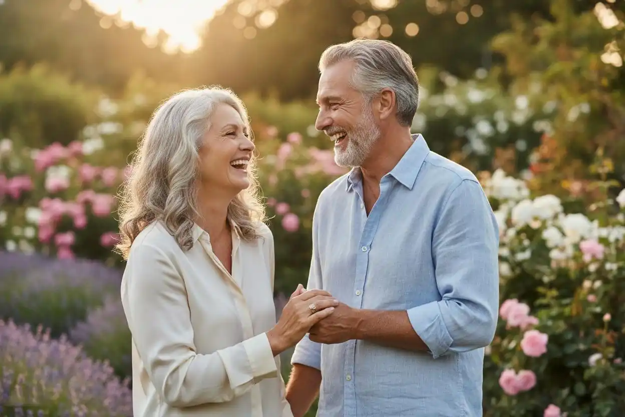 Joyful mature couple laughing together in a sunlit garden, holding hands
